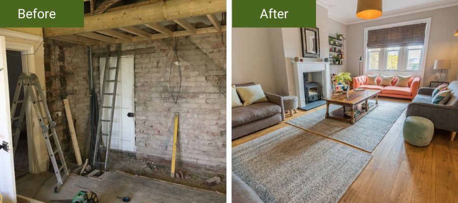 before and after picture of lodge interior renovations